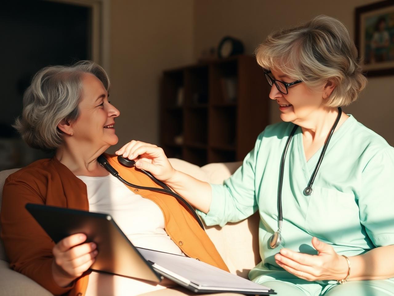 Registered nurse performing a clinical assessment on a senior patient at home