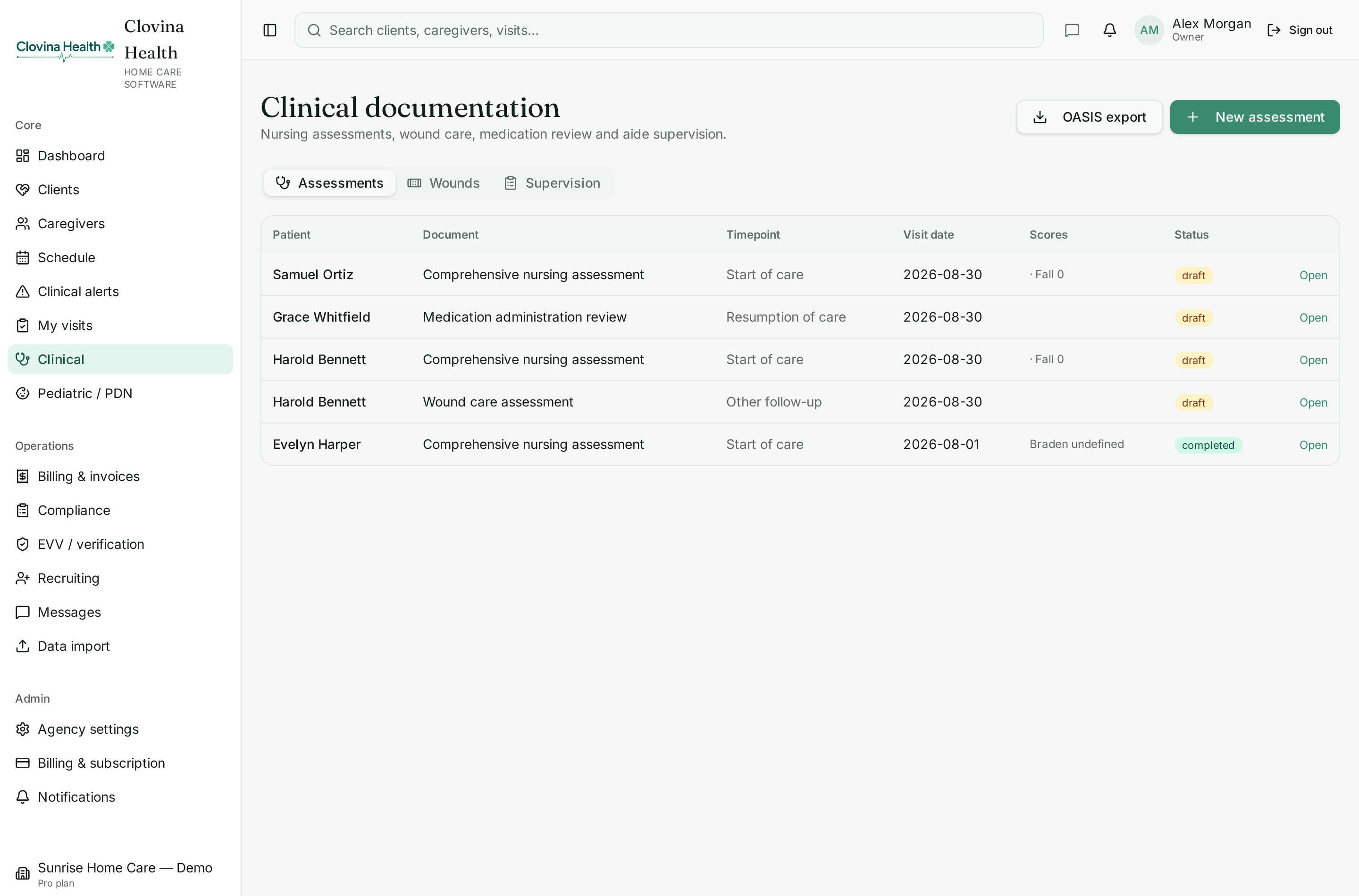 Clinical documentation view with assessments and skilled nursing notes
