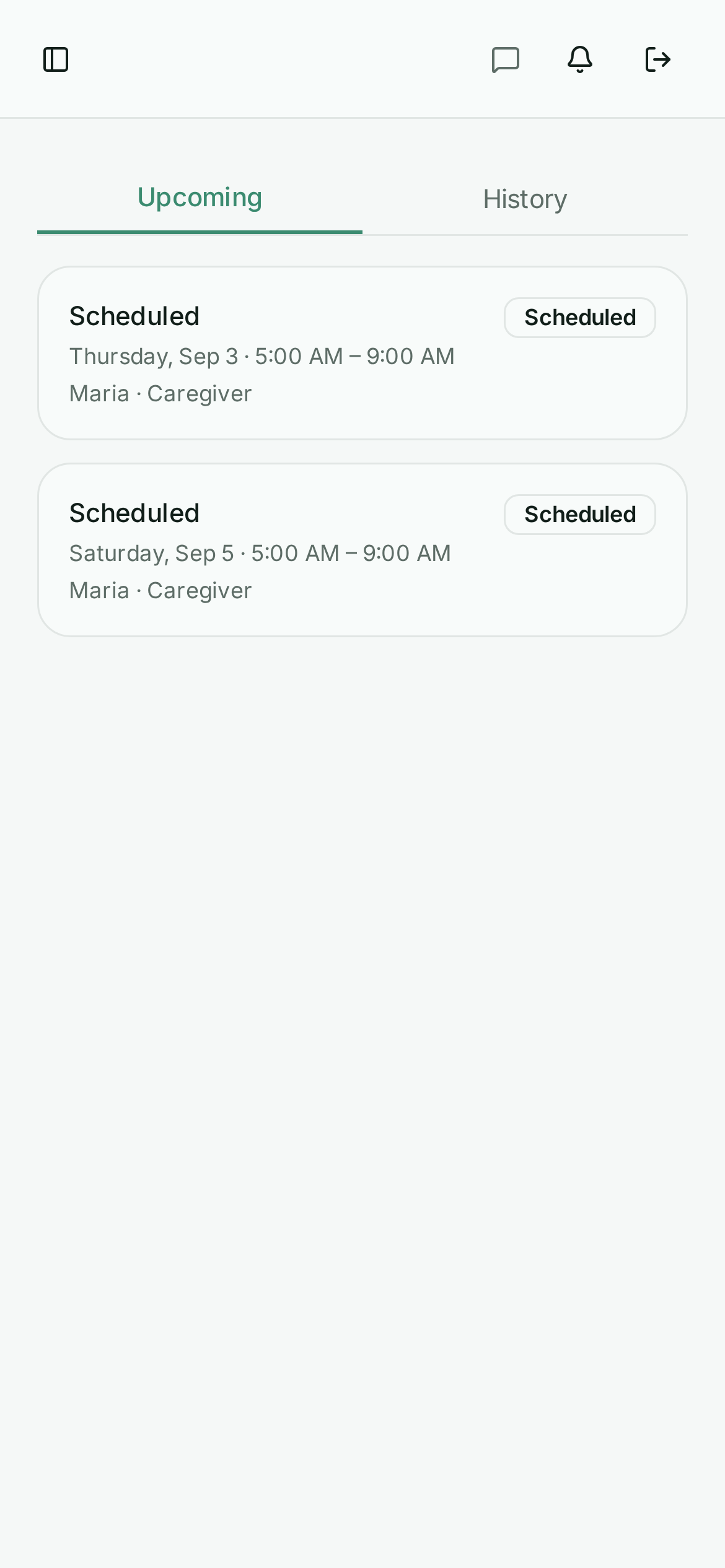 Family portal showing visit schedule and completion status