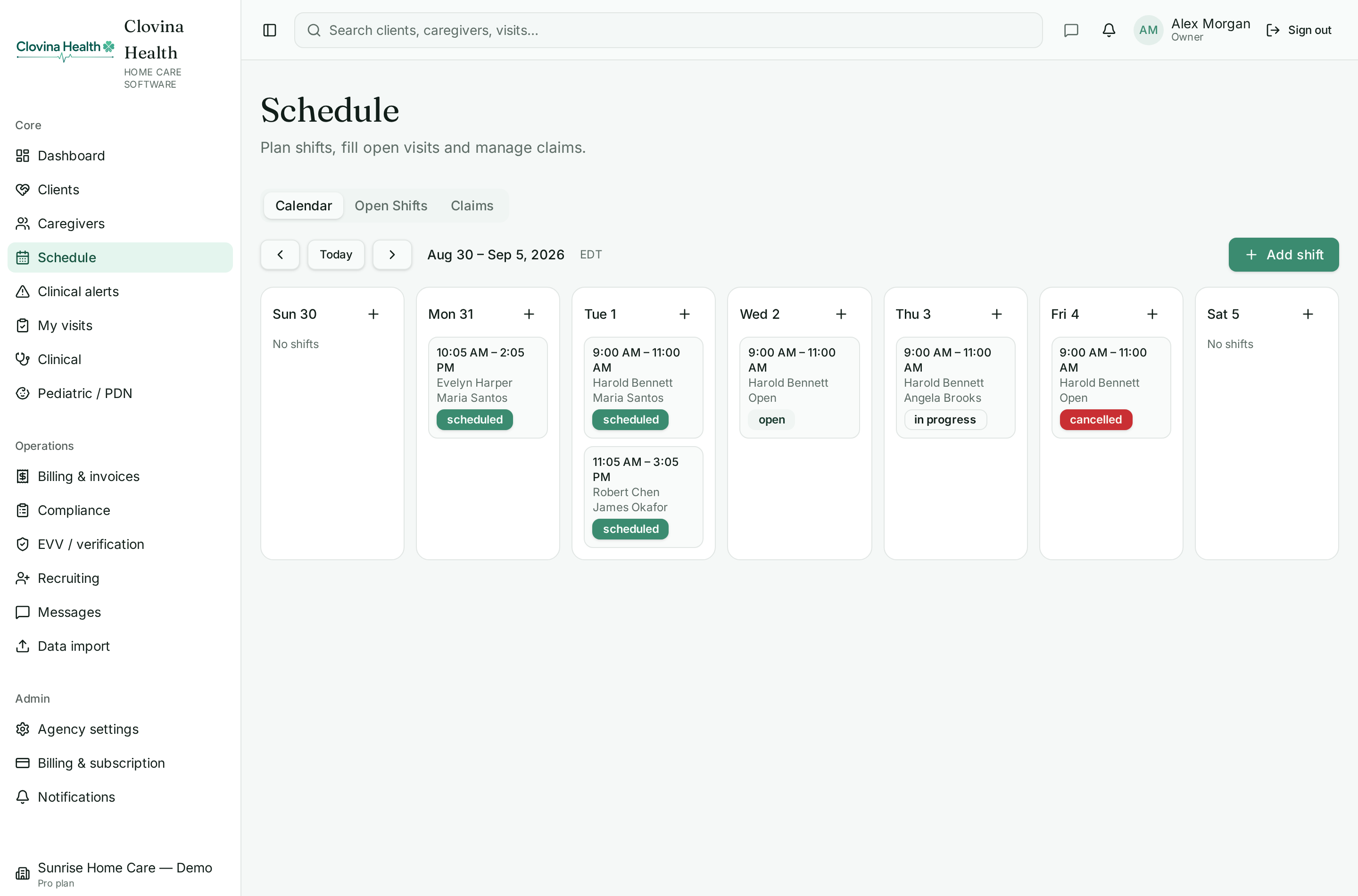 Weekly schedule calendar in Clovina Health with visit statuses